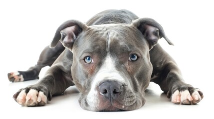 Fototapeta premium blue and white Pit Bull laying over white background