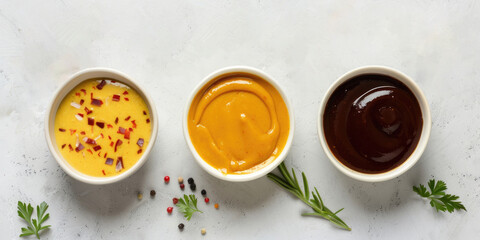 horizontal banner, set of small round saucers with different sauces for meat, fish and fast food, row, top view, white background