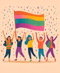 pride people holding a rainbow flag and celebrating freedom
