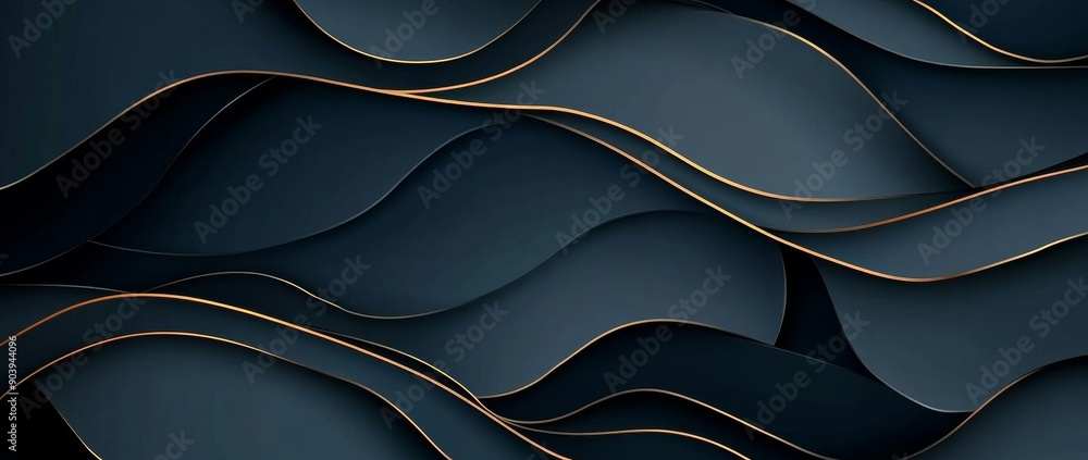 Poster the design features dynamic abstract waves with subtle gold accents and stardust on a black backgrou