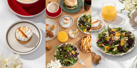 Vegan lunch with salad and sugar-free pie on table photo set