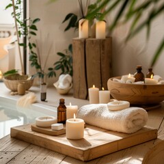 A high-quality image of a calm spa setting with candles, essential oils, and soft lighting. Ideal for promoting wellness, relaxation, and spa services. AI generated image.
