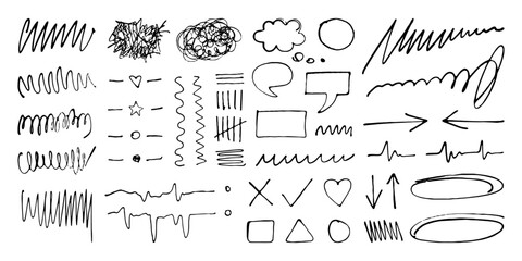 Ink pen freehand doodles and scribbles, frames and symbols, dividers and speech bubbles. Lines and arrows, graphic design elements and free shapes. Vector illustration.