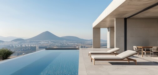 Fototapeta premium Luxurious modern villa with infinity pool overlooking scenic mountain view, perfect for relaxation and enjoying serene natural surroundings.