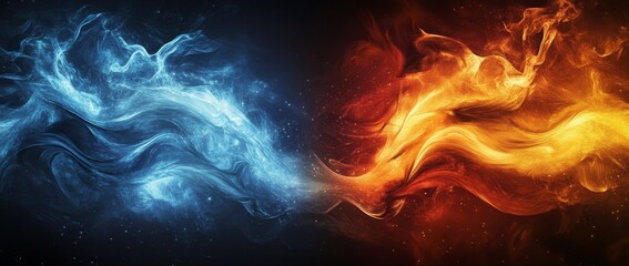 Conceptual illustration of fire and ice on a dark background. Abstract illustration of opposites depicted with orange and blue colors