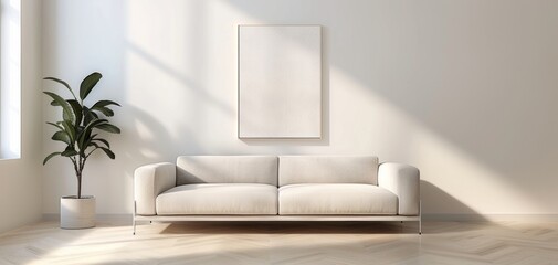 Minimalist living room with white couch, blank picture frame on wall, and potted plant. Sunlight streaming through window. Modern decor.
