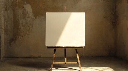 This mock-up of a wooden easel featuring a blank canvas is set in a rustic room with textured walls and natural light.