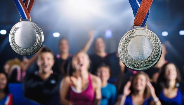 medalhas Prata flutuando no ar, no fundo uma plateia empolgada