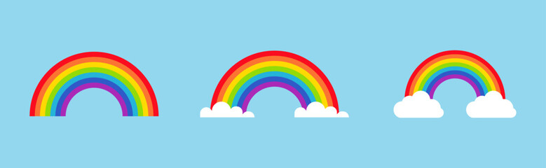 Set of rainbow icon isolated. Clouds and rainbow icon set in different style. Rainbow icon set isolated on a blue background. Vector illustration.