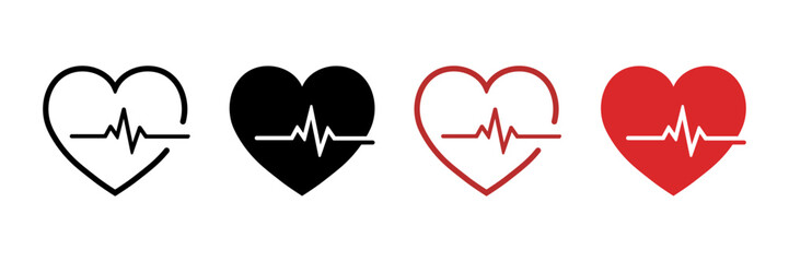 Heartbeat icon set with pulse line red and black color. Heartbeat pulse flat icon for medical apps and websites. Set of heartbeat icon isolated. Heart shape with pulse line. Vector illustration.