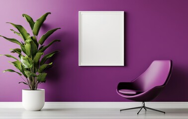 Purple walls and framed poster mockup in a modern room. This stylish living space features contemporary interior design and vibrant decor.