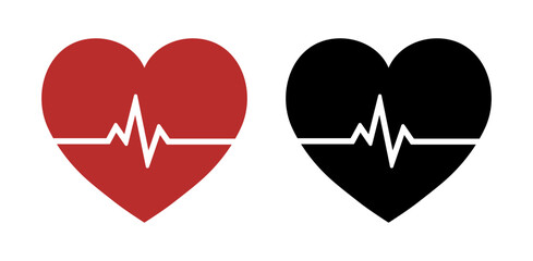 Obraz premium Heartbeat icon set with pulse line red and black color. Heart shape with pulse line. heartbeat pulse flat icon for medical apps and websites. Vector illustration.