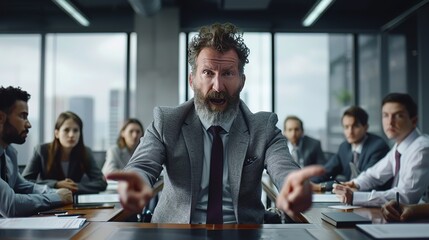 Fototapeta premium Cinematic Still of Handsome Muscular Man in Dark Grey Suit Pointing During Angry Speech in Office Meeting Room