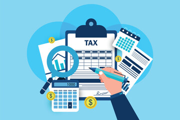 Tax payment concept. State Government taxation, calculation of tax return. Man fills the tax form, documents, calendar, calculator, laptop. Pay the bills, invoices