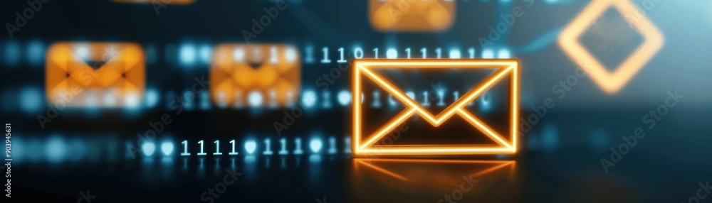 Poster illuminated email icon with digital background, representing modern communication and technology in 