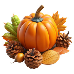 orange pumpkin surrounded by colorful autumn leaves acorns and pinecones 3d cartoon style illustration