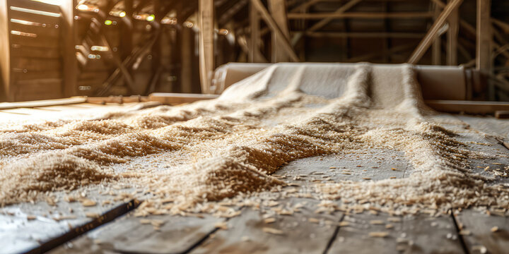 Close-up View of Rice Bran in Industrial Milling Machine. Pure Rice Bran for Oil Production