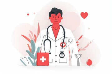 Obraz premium Illustration of a doctor with a red cross and heart symbolizing healthcare services medical expertise and compassionate patient care in a modern and welcoming healthcare setting.