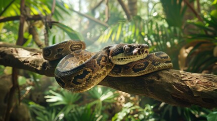 Tropical Boa Constrictor Coiled on Tree Branch in Dense Rainforest Environment