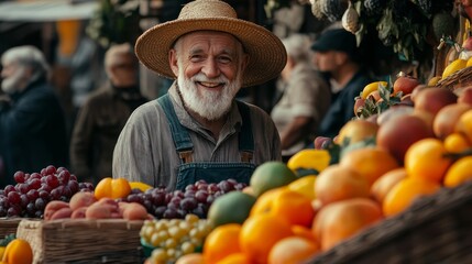 At the street market, a farmer smiles, displaying the concept of organic farming and local produce