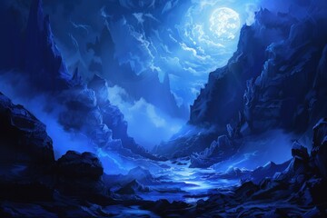 Fototapeta premium Mystical moonlight over rocky mountain peaks