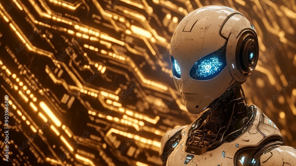 Poster digital circuitry humanoid with advanced stock and futuristic technology.