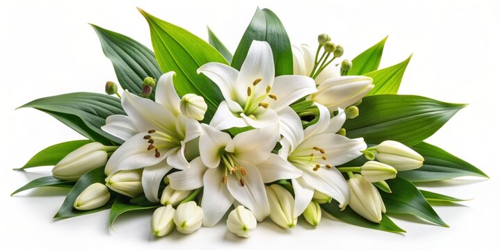 white lily flowers and buds with green leaves on white background isolated close up lilies bunch elegant lilly bouquet lillies floral pattern holiday greeting card or wedding invitation design