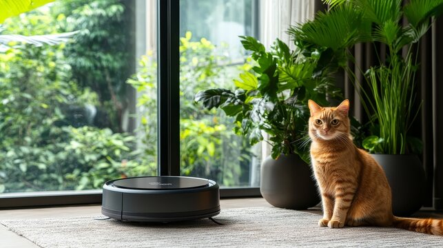 An image of a cat and a robot vacuum cleaners in a sunny room. Concept of home comfort and technology for cleaning