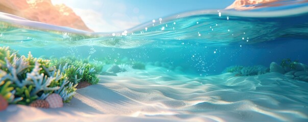 Obraz premium Crystal clear turquoise water over white sand with coral reefs.