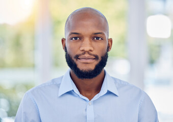 Business, corporate and portrait of black man in office with company pride, confidence and ambition. Entrepreneur, finance consultant and face of person for career, job opportunity and accounting