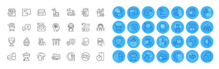 Face declined, Timer app and Clean t-shirt line icons pack. Smile, Luggage belt, Grill web icon. Fast food, Flight mode, Inclusion pictogram. Reject, Medical drugs, Financial goal. Vector