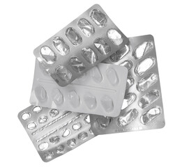 Empty Pill Wrappers. Empty Medicine Blisters. Silver And White Medication Blister Packs. 