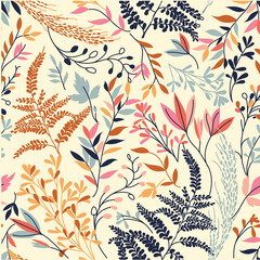 Vector floral seamless pattern with abstract herbs and berries. Bright botanical background
