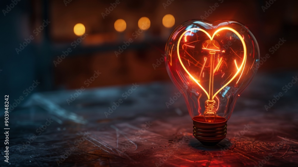 Aufkleber heart-shaped light bulb emits warm glow on rustic surface, soft background bokeh lights create cozy 