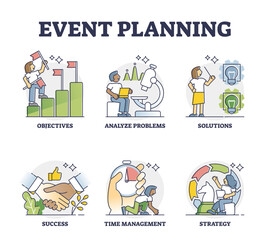 Event planning or marketing strategies development process outline collection, transparent background. Mini scenes with advertisement campaign organization.