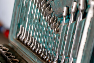 Closeup photo shoot of different nesessary tools and parts in every man's garage.Auto check up and...