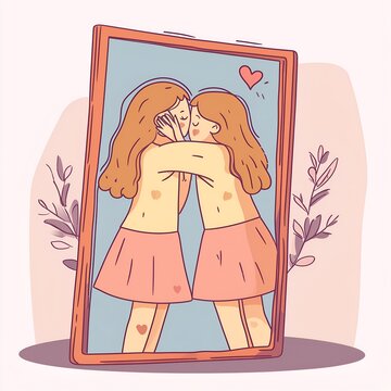 Young woman hugging her own reflection in the mirror. Love yourself, self care, self acceptance concept. Hand drawn vector colorful funny cartoon style illustration