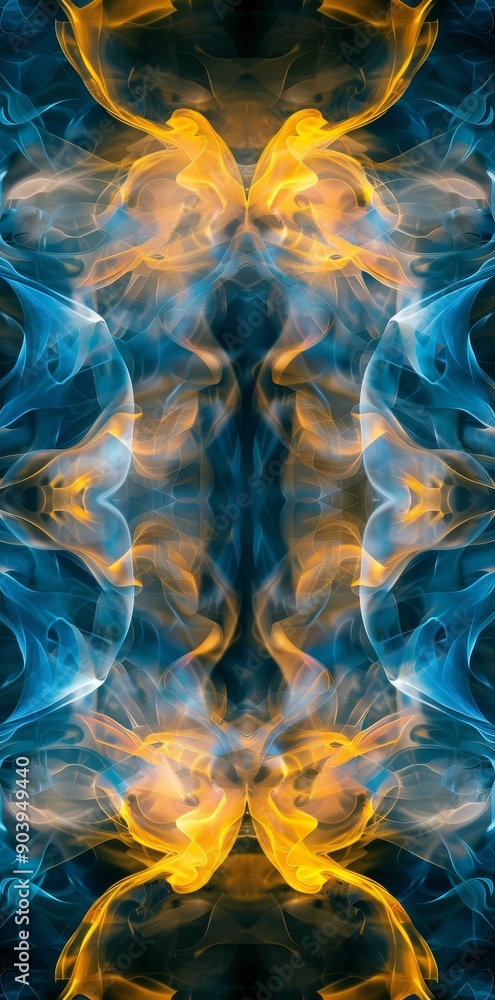 Poster The background of a modern 3D dynamic background is dominated by abstract blue and gold fluid waves