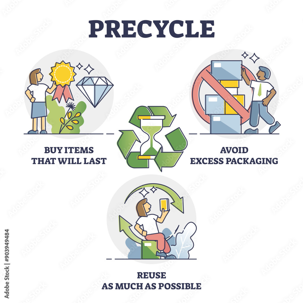 Poster precycle as ecological and responsible product usage to reduce waste or pollution outline collection