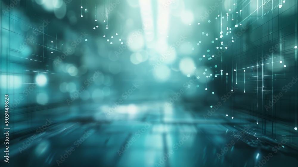 Poster abstract futuristic digital technology background in teal with particle effects and geometric shapes