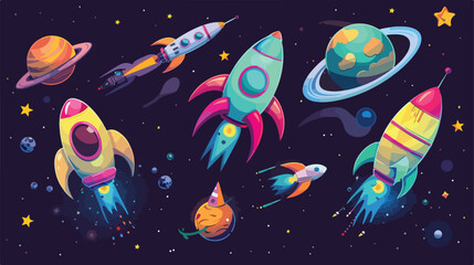 Vibrant Cartoon Space Icons with Rockets and Planets