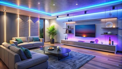 Modern living room ambiance exudes futuristic charm with ambient smart technology, color-changing LED lights behind sleek TV, smart speaker, wall-mounted thermostat, and discreet IoT devices.