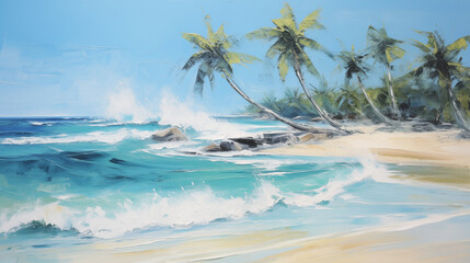 Fototapeta premium Tropical beach landscape with palm trees and gentle waves under a bright summer sky