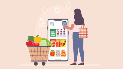 Convenient Mobile Payment: Woman Scanning Code to Pay for Groceries with Smartphone