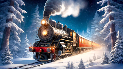 Fairy locomotive in holiday postcard style. Merry christmas and happy new year concept