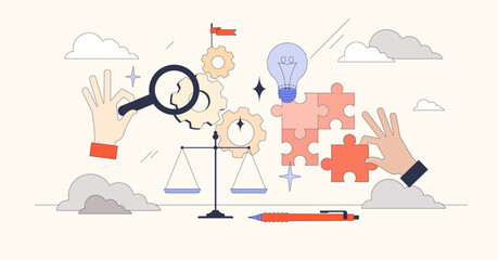 Systems of thinking with analytical approach tiny person neubrutalism concept. Logic and critical thinking for information management and analytics vector illustration. Cognitive strategy for mind.
