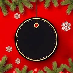 A black round tag on a red Christmas background. Festive background with snowflakes for promotions or sales on Black Friday.