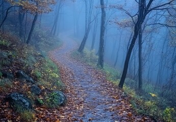 Fototapeta premium A forest path disappearing into the fog, with tree branches and leaves covered in dew, creating a serene and otherworldly ambiance