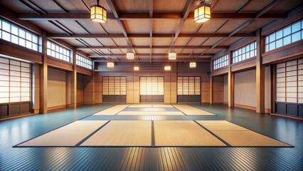 Serene atmosphere pervades an empty judo dojo, soft lighting illuminates pristine tatami mats, awaiting the next match in a space of focused athleticism and mental discipline.