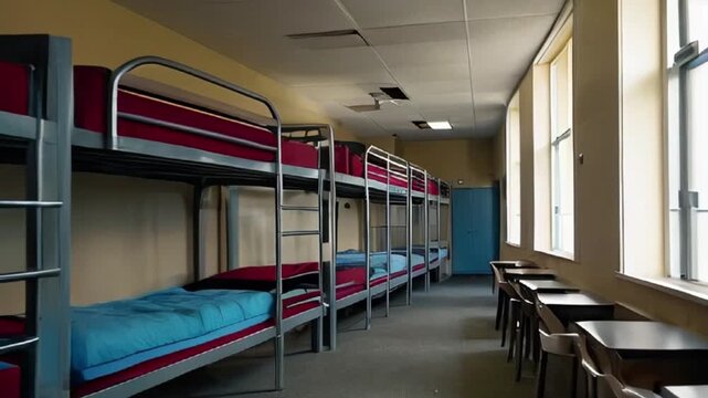 Row of Bunk Beds in a Hostel or Dorm Room